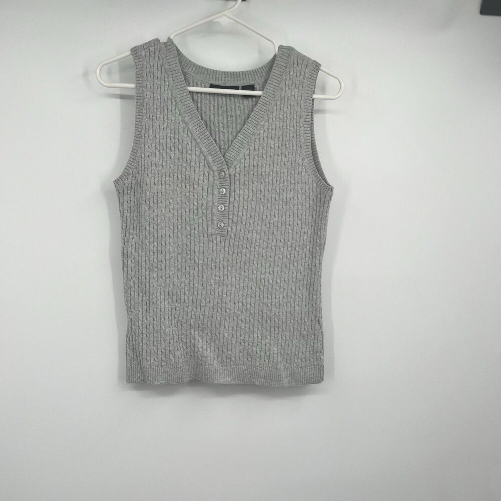 Jeanne Pierre Gray Cable Knit Henley Sleeveless Sweater Womens M Preppy Classic
